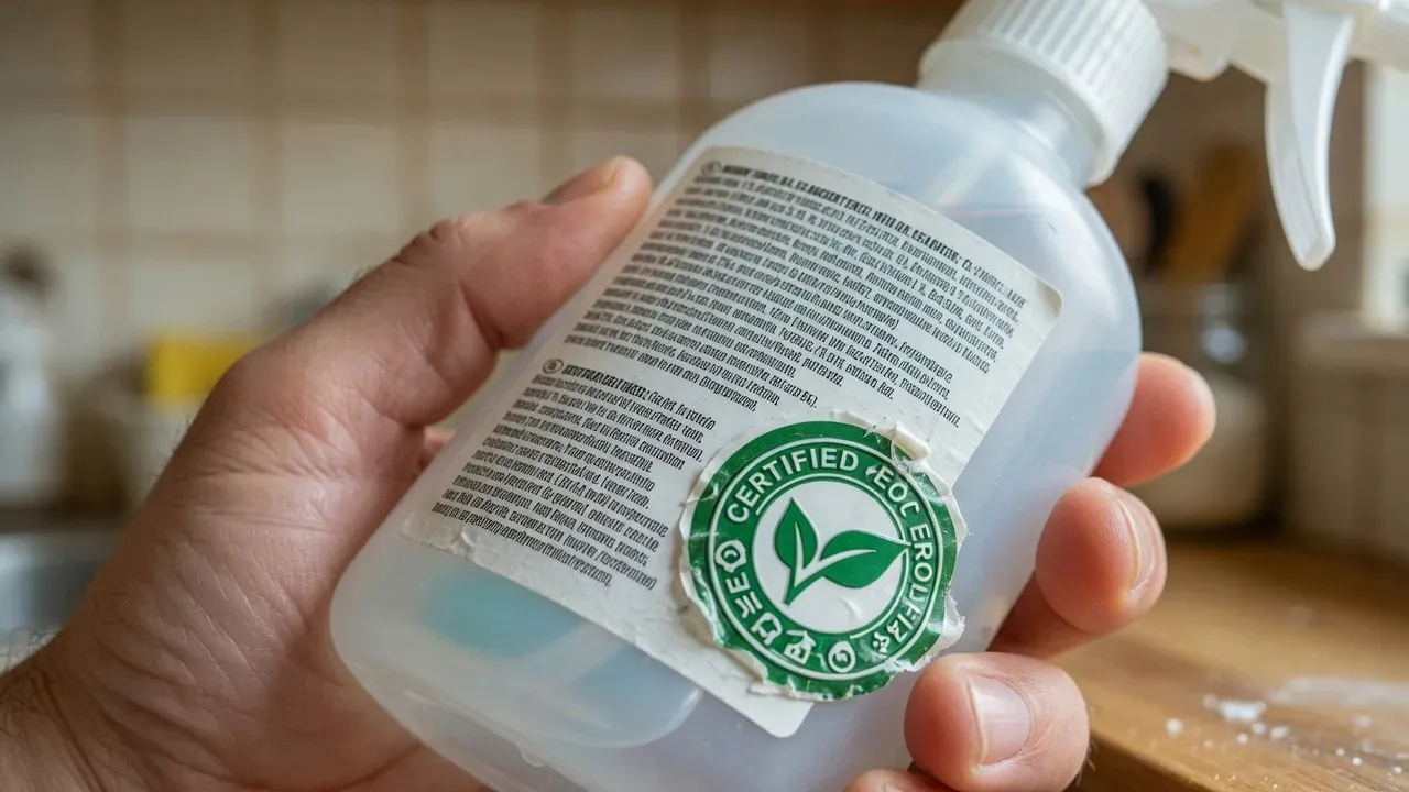 Close-up of a cleaning product label being read by a pet owner