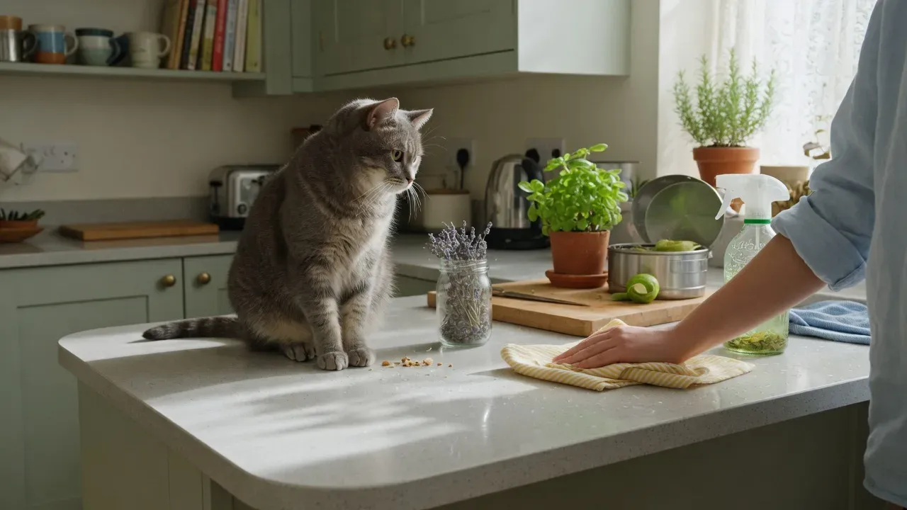 A cat watching as eco-friendly cleaning products are used in a kitchen