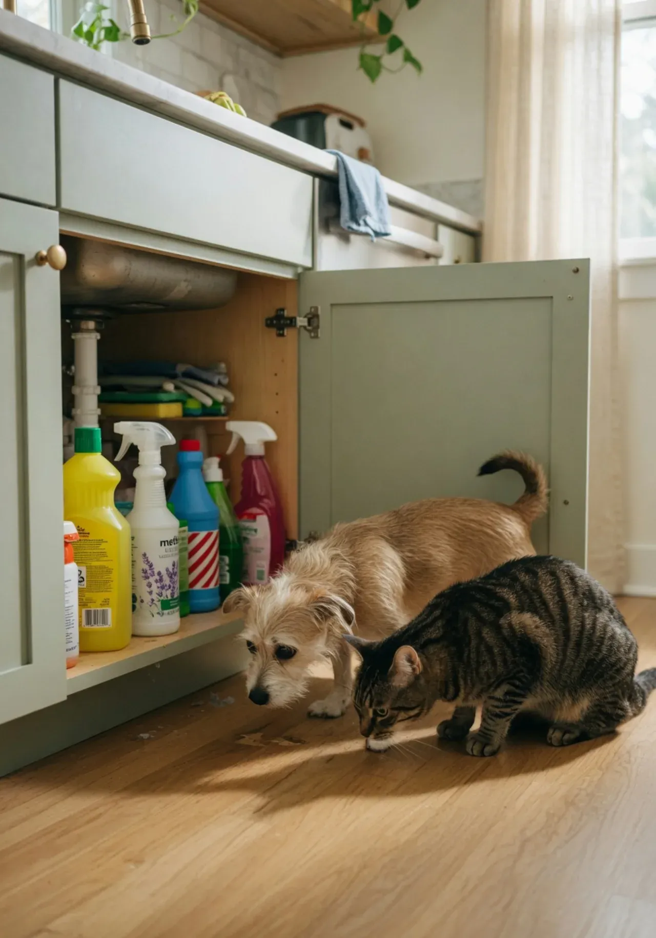 A curious cat and dog near an under-sink cabinet of cleaning products
