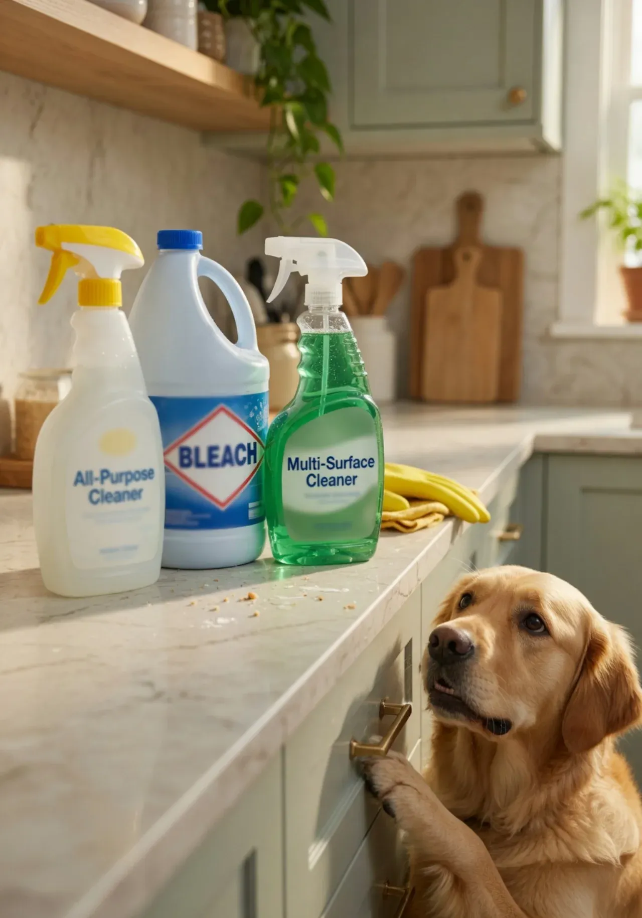 Common household cleaning products lined up on a kitchen counter