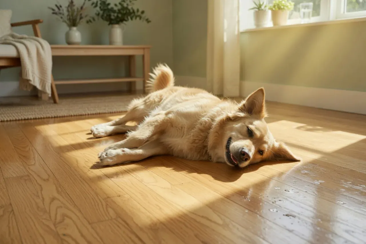 A happy dog resting on a freshly, naturally cleaned floor