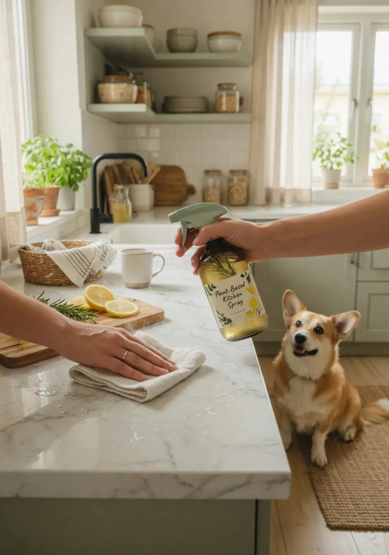 Cleaning a kitchen surface with a natural eco spray while a dog watches