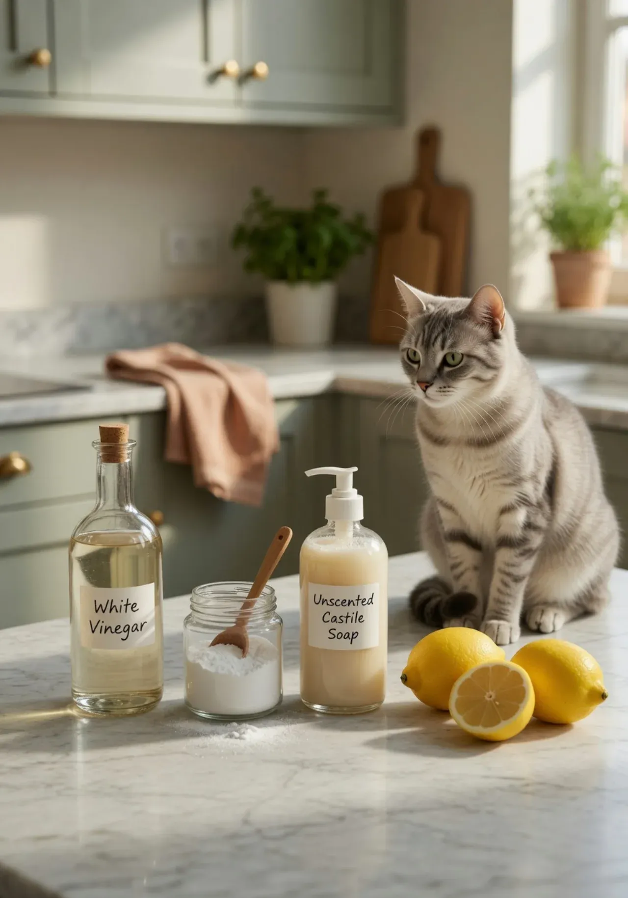 Natural pet-safe cleaning ingredients: white vinegar, baking soda, castile soap