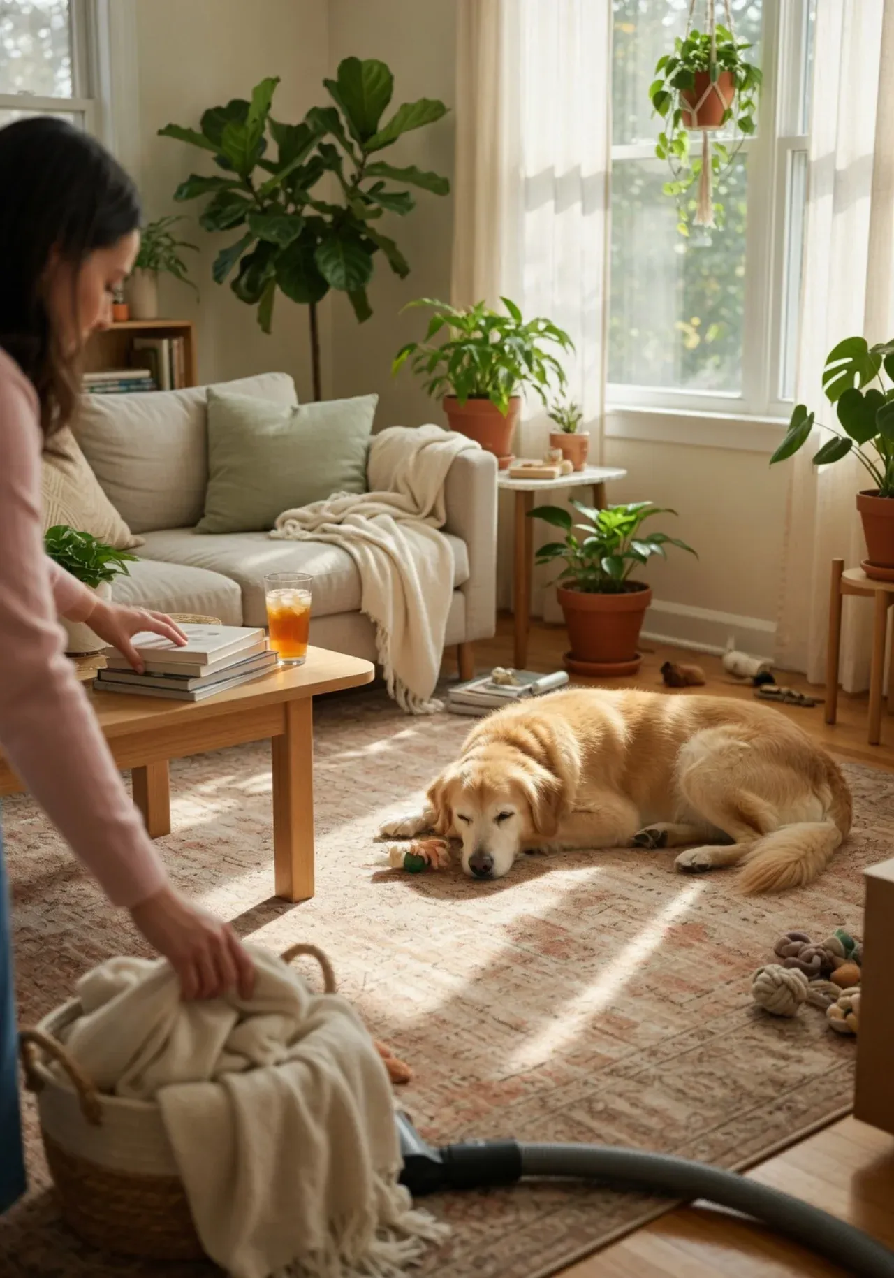 A sunlit living room with a content dog resting on a clean rug