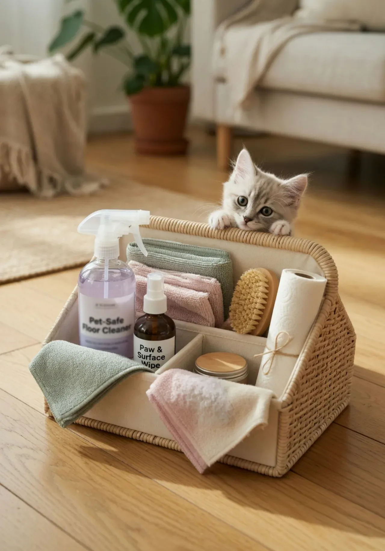 An organized caddy of pet-safe cleaning supplies with a curious kitten