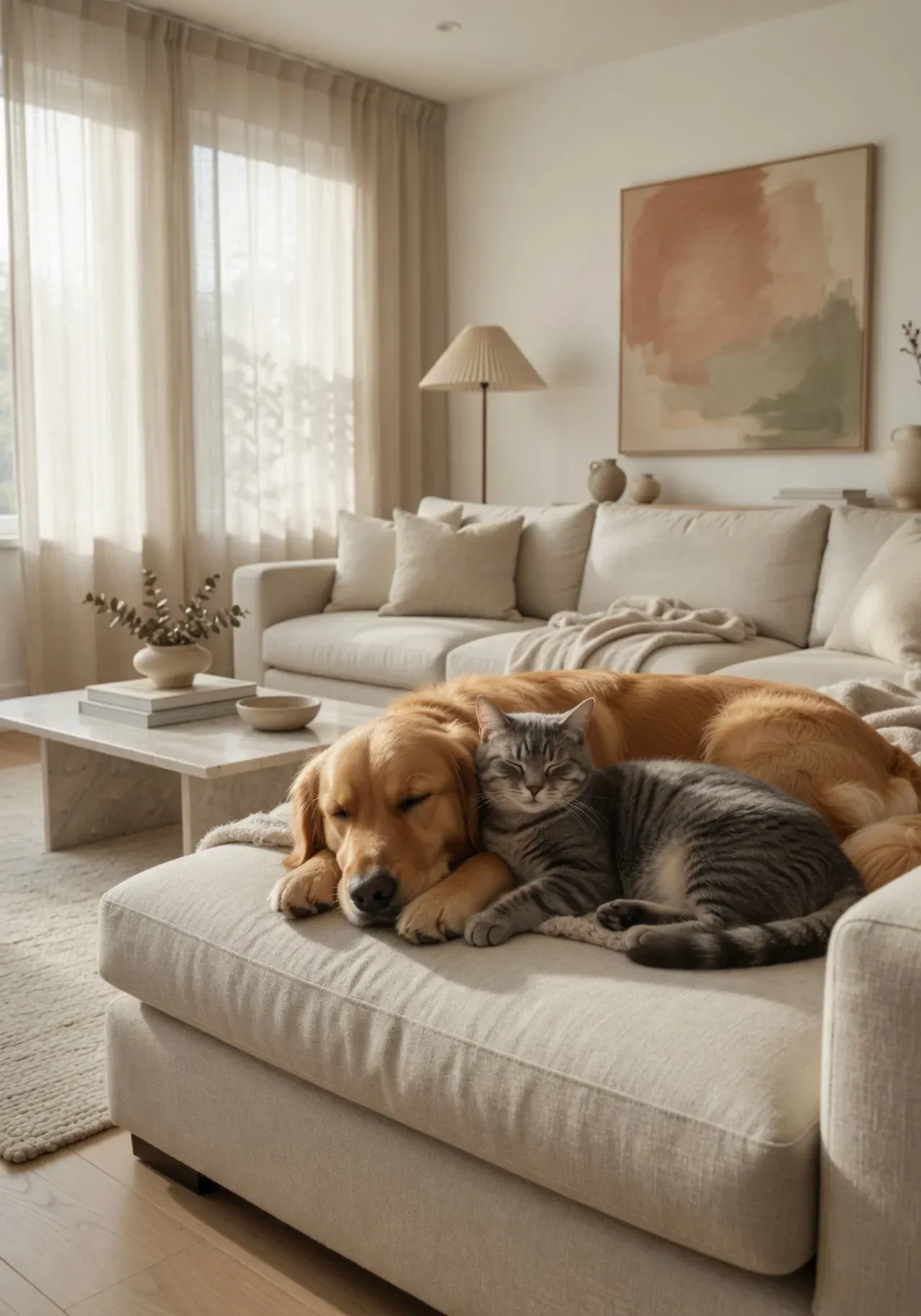 A calm dog and cat resting together in a clean modern living room