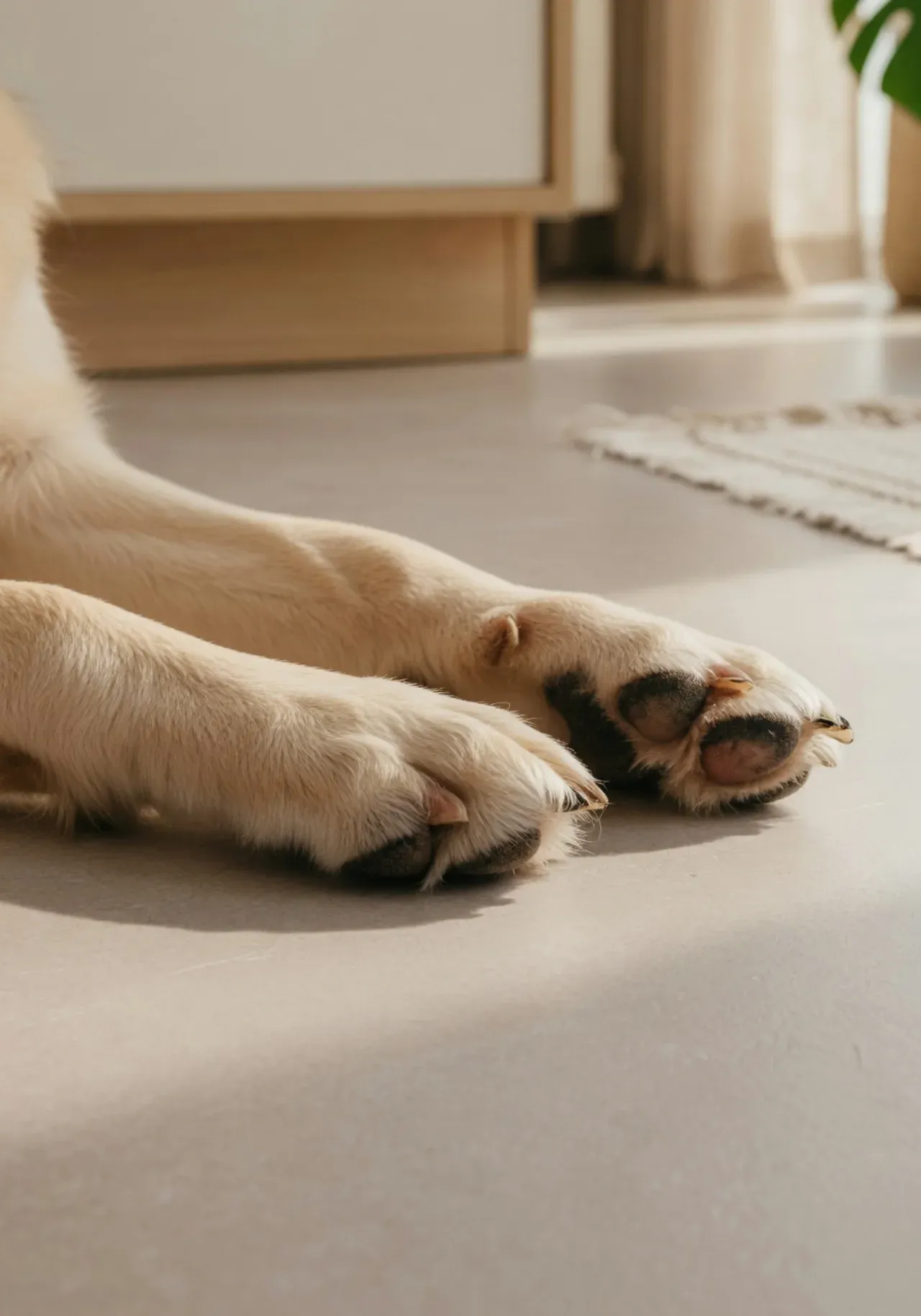 Close-up of a dog's paws resting on a clean floor