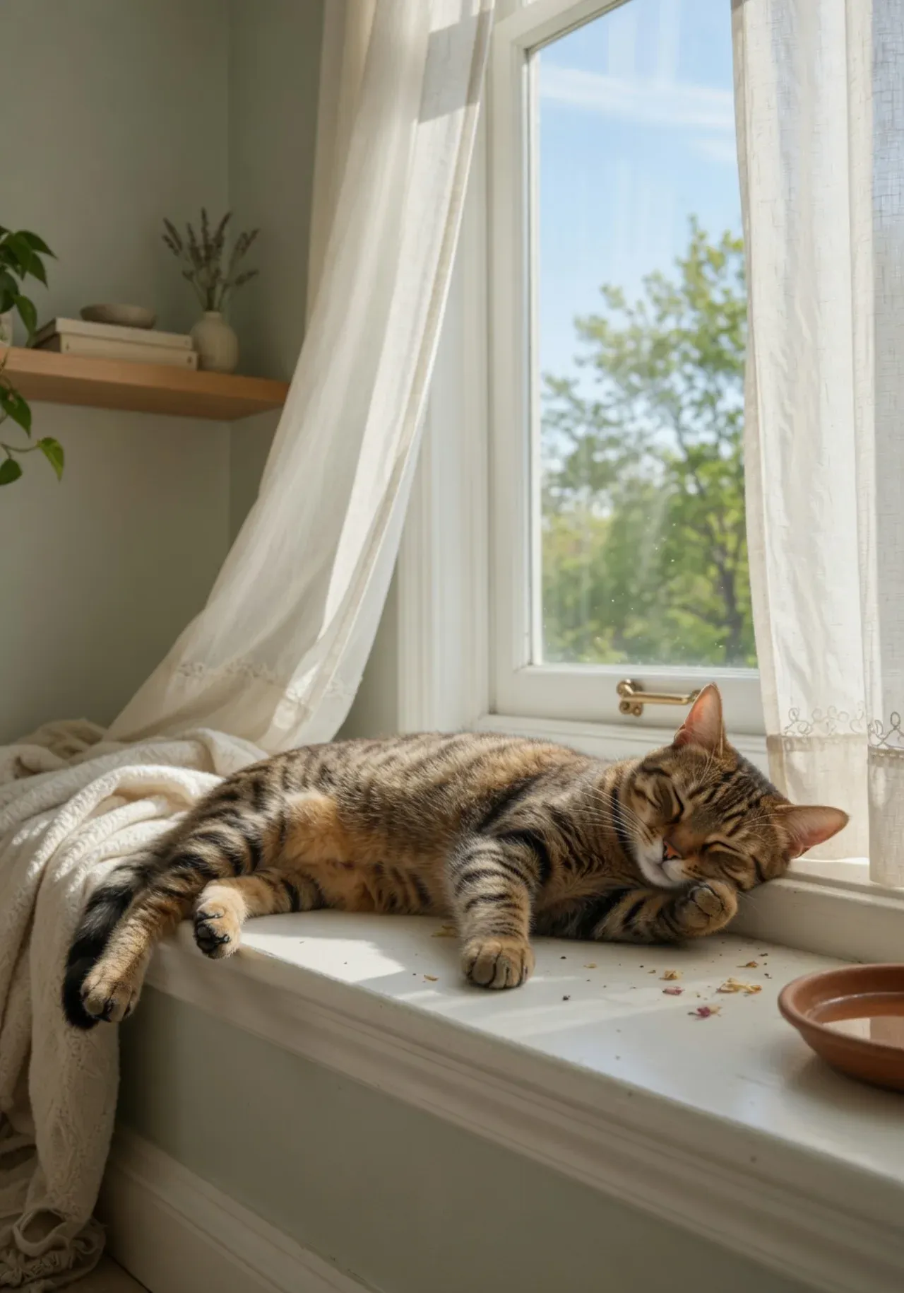 A tabby cat resting by an open window, breathing fresh air