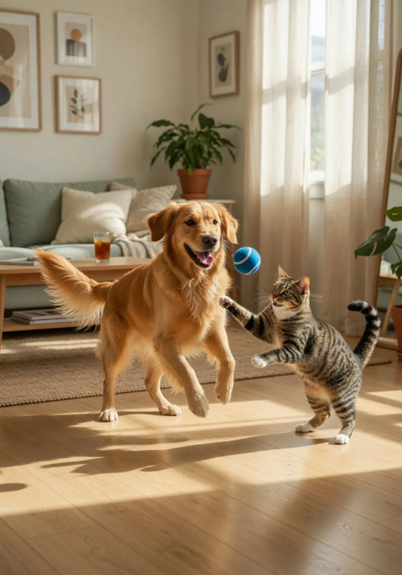 A happy dog and cat playing together in a clean, healthy home
