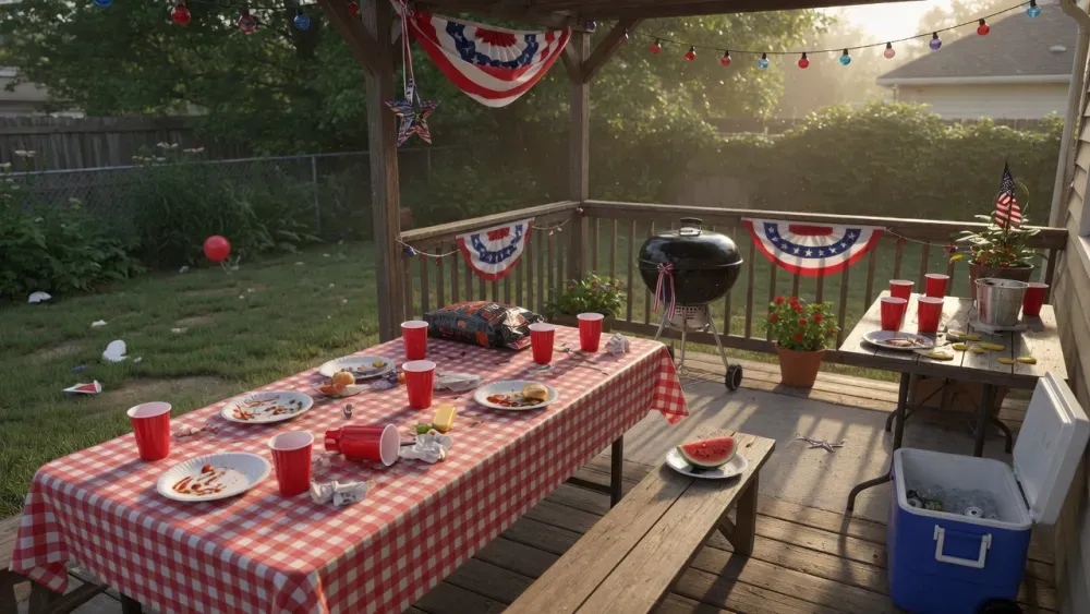 Backyard patio the morning after a July 4th cookout, before the post-party cleanup