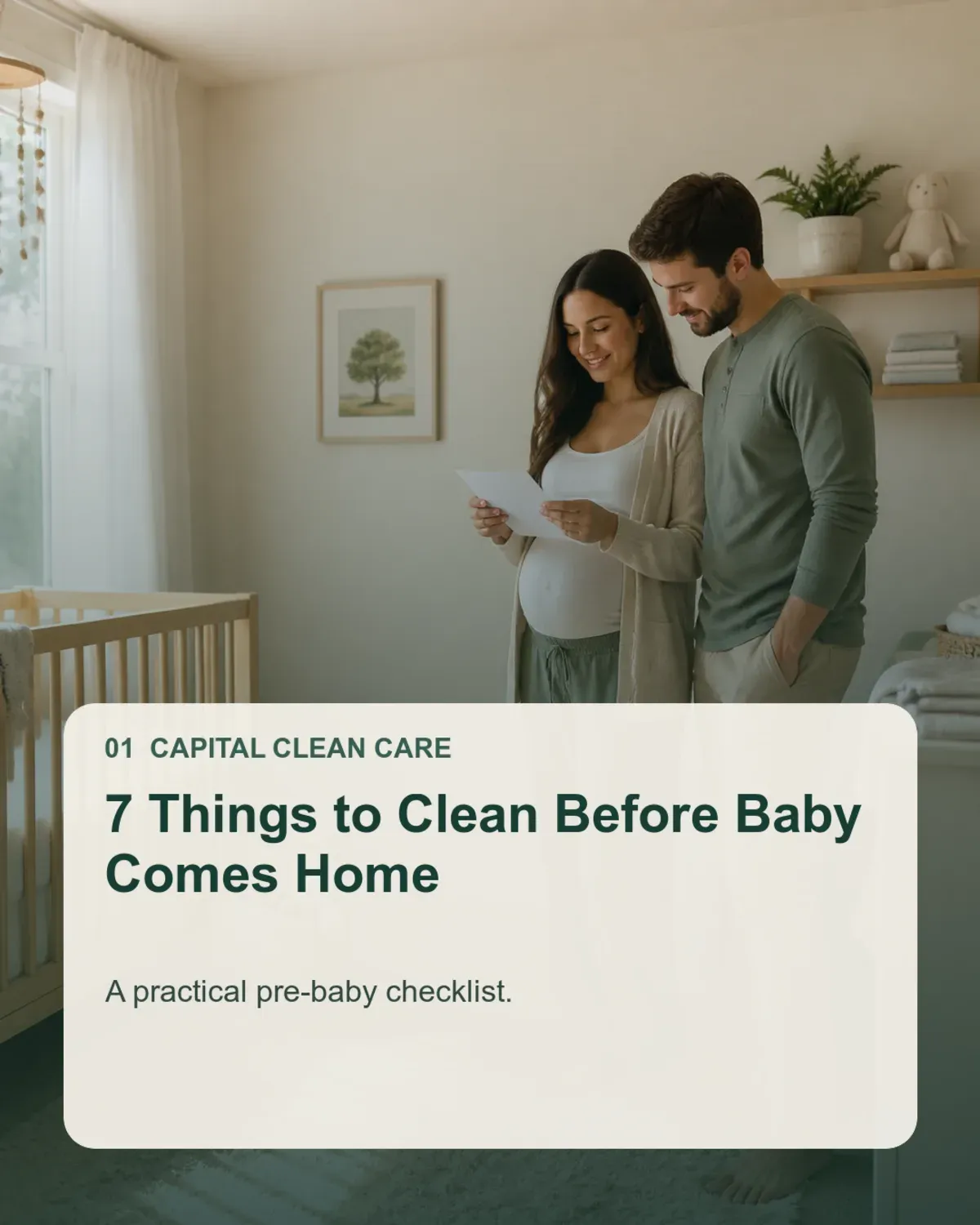 Expecting couple reviewing a practical pre-baby home cleaning checklist in a bright nursery