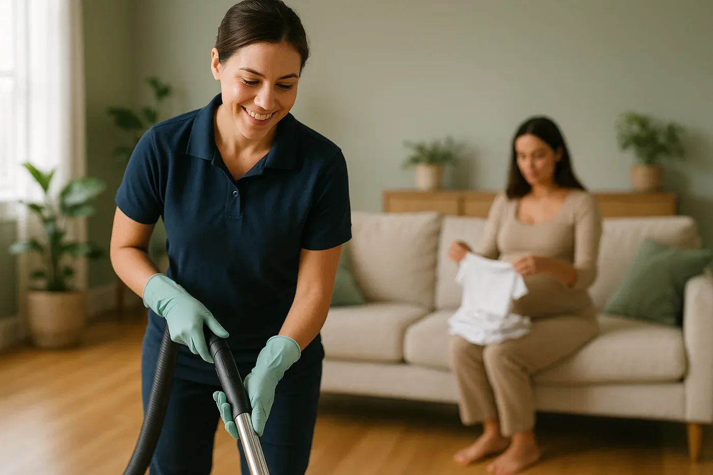 A professional cleaner in a navy uniform vacuuming while an expecting parent folds baby laundry