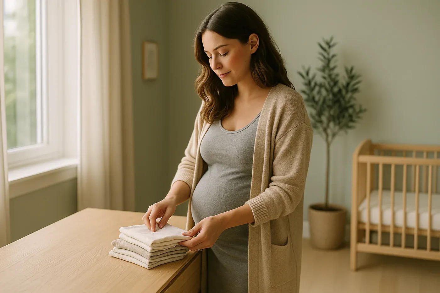 A calm expecting mother arranging folded baby clothes in a bright, freshly cleaned nursery