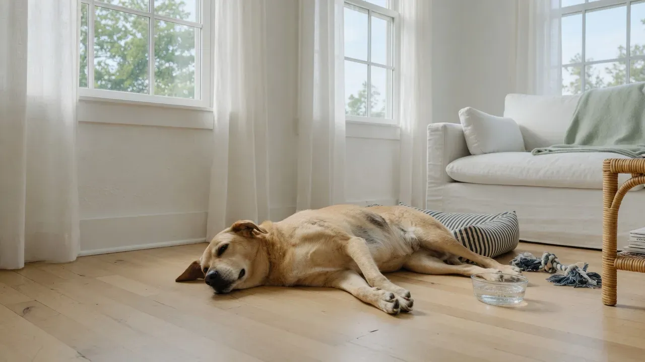 A calm, comfortable dog resting in a clean bright home