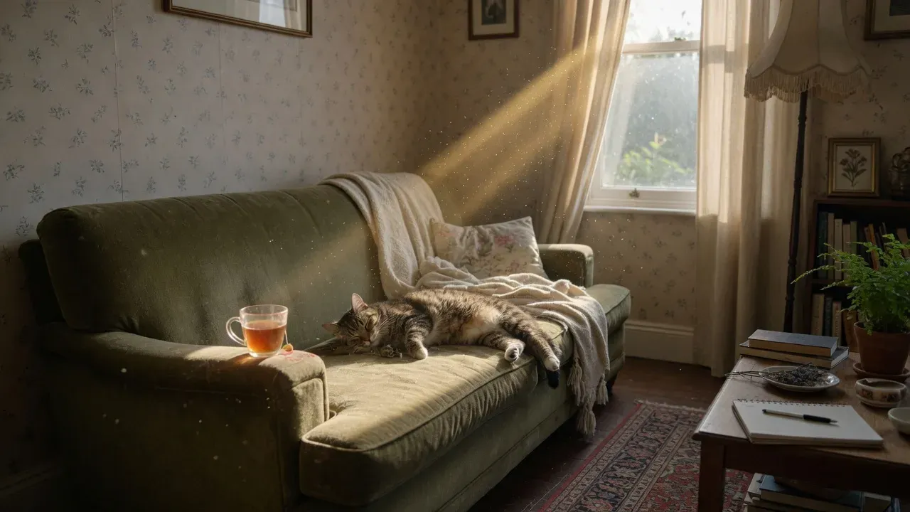 Sunlight showing dust in a cozy living room where a cat rests