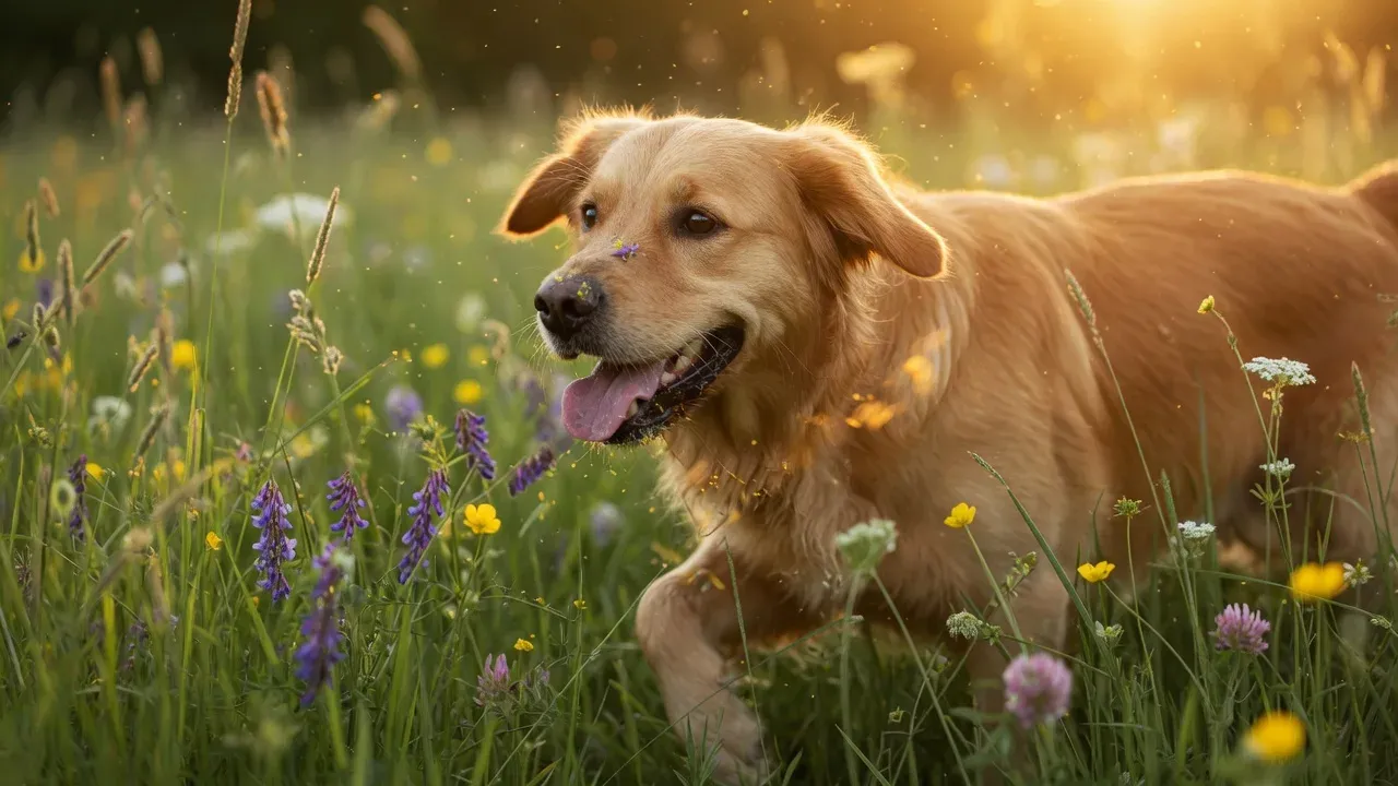A dog walking through spring grass and pollen outdoors
