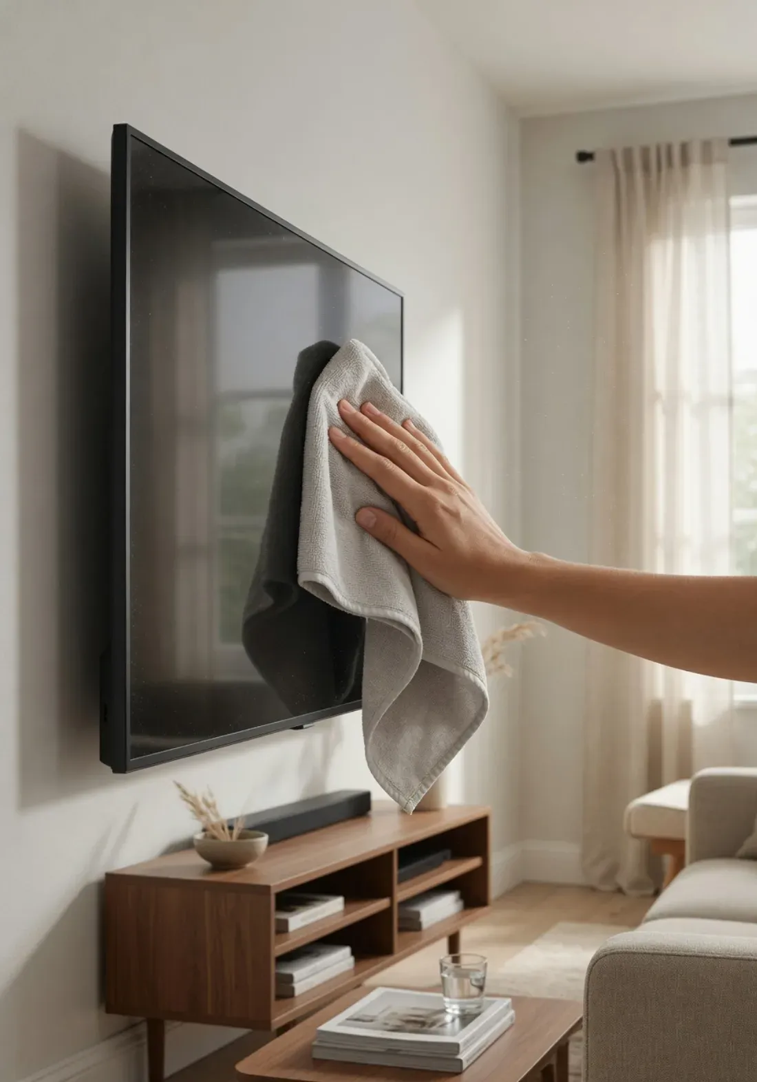 Dusting a television frame and media console in a living room