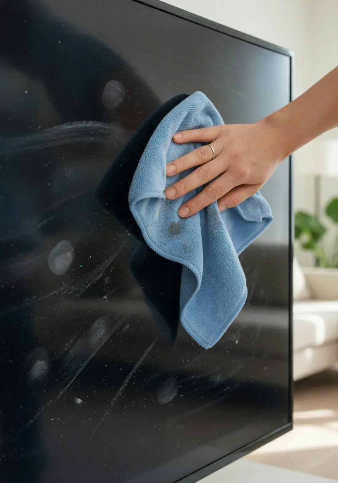 Cleaning a flat-screen TV with a microfiber cloth