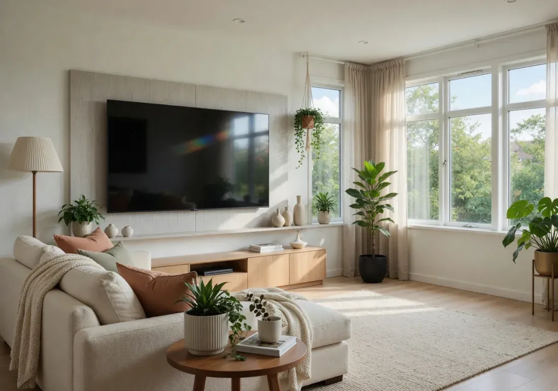 Clean flat-screen LED TV in a bright, tidy living room