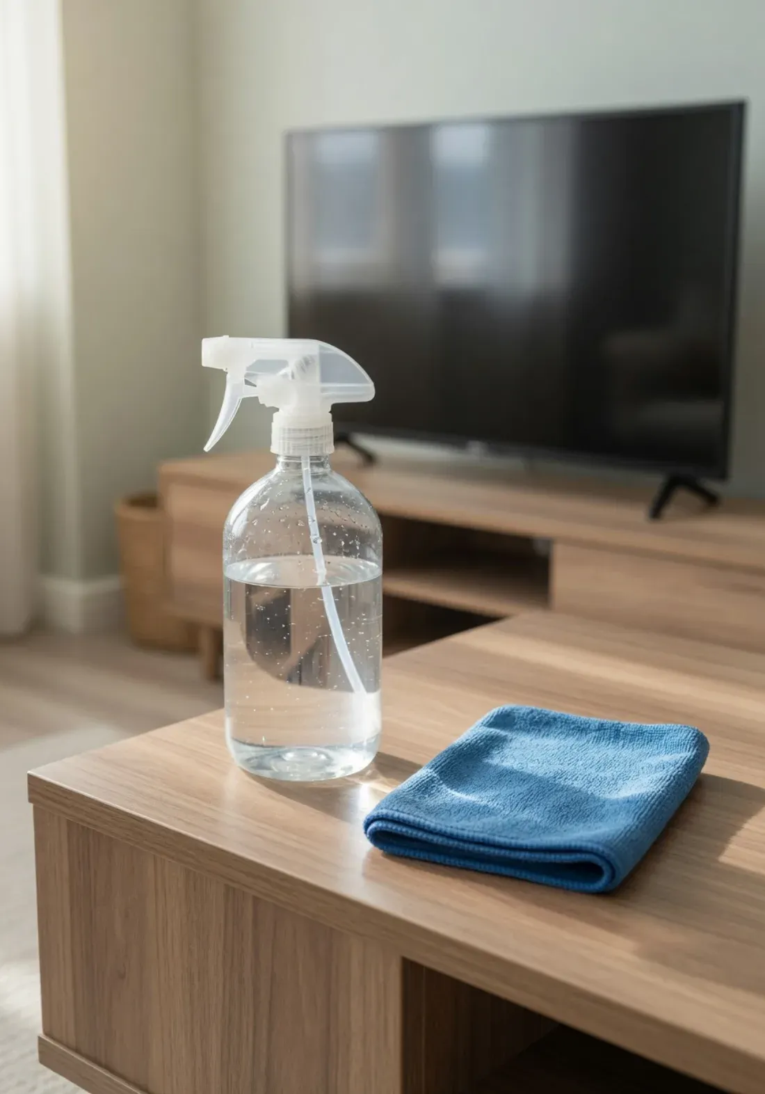 Spray bottle of distilled water beside a folded microfiber cloth