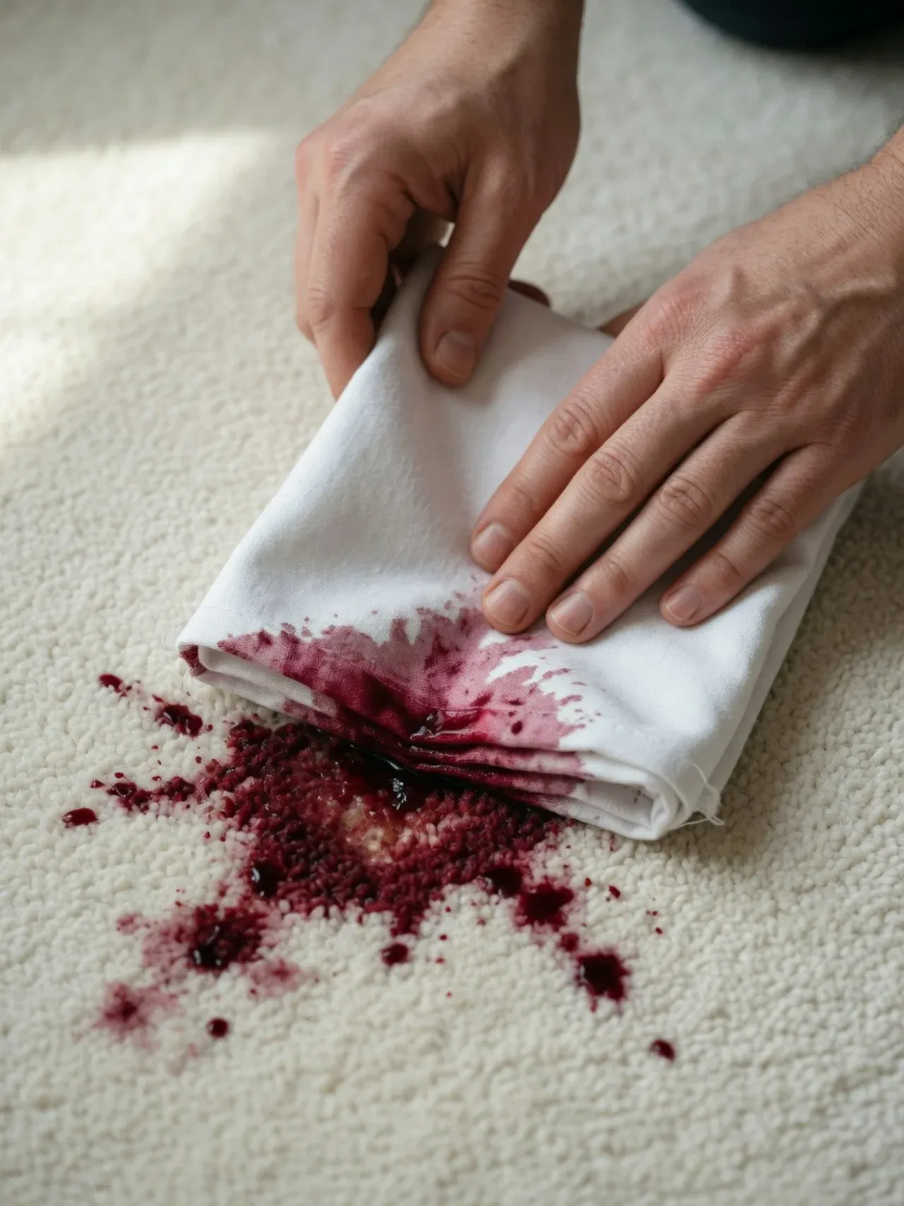 Blotting a fresh red wine stain on light carpet with a clean white cloth