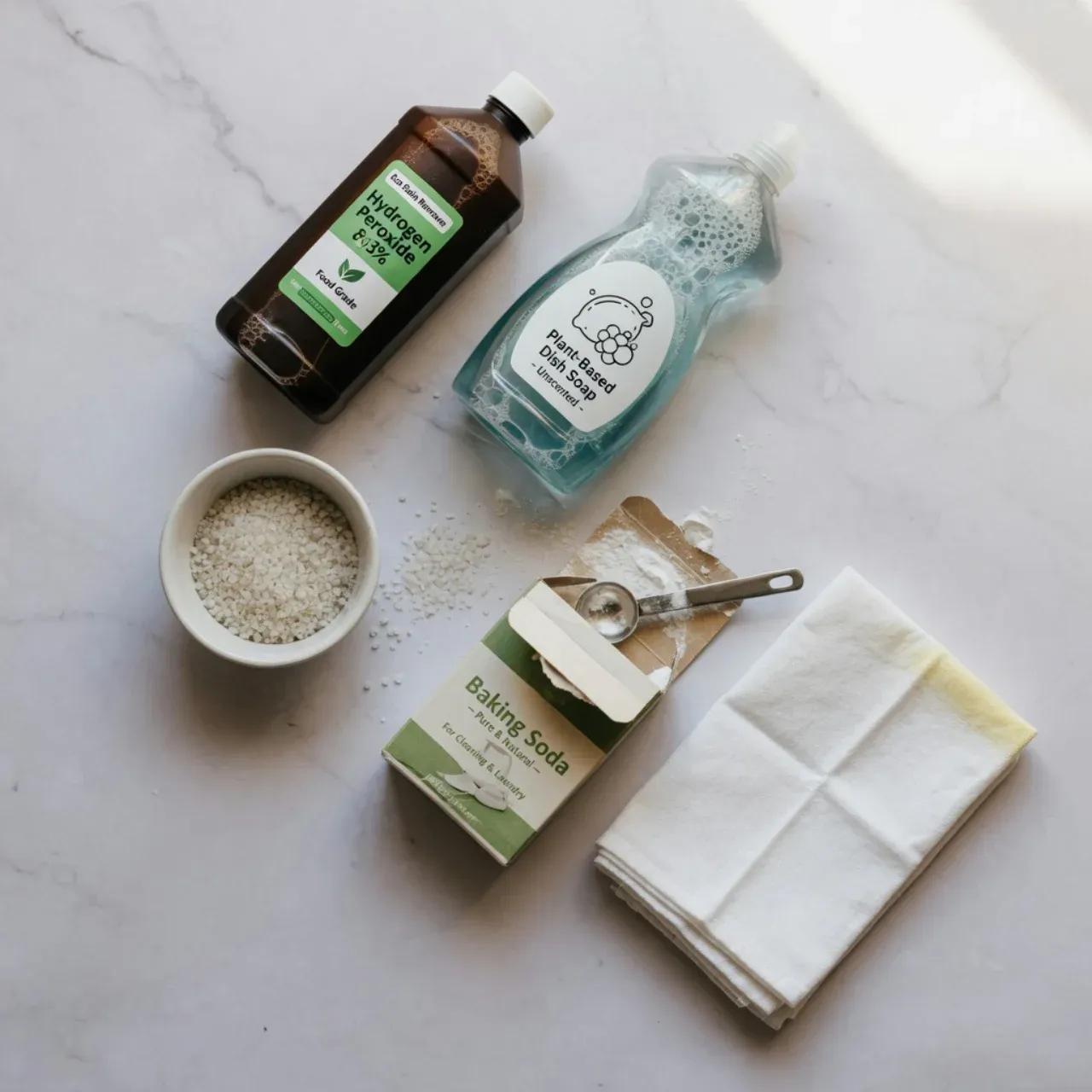 Eco-friendly red wine stain removal kit: hydrogen peroxide, dish soap, baking soda, and salt