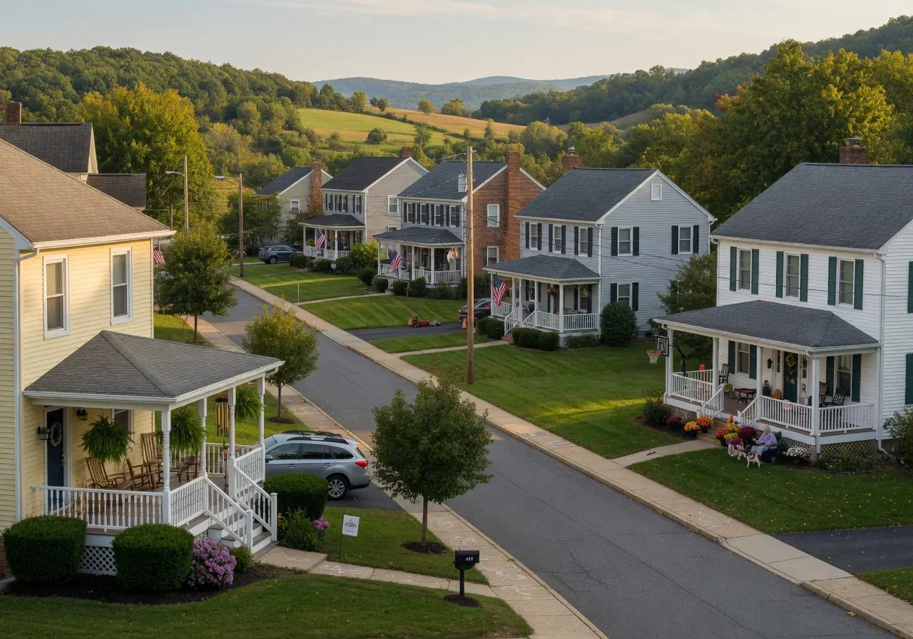 A residential neighborhood with porched homes in Mount Airy, MD