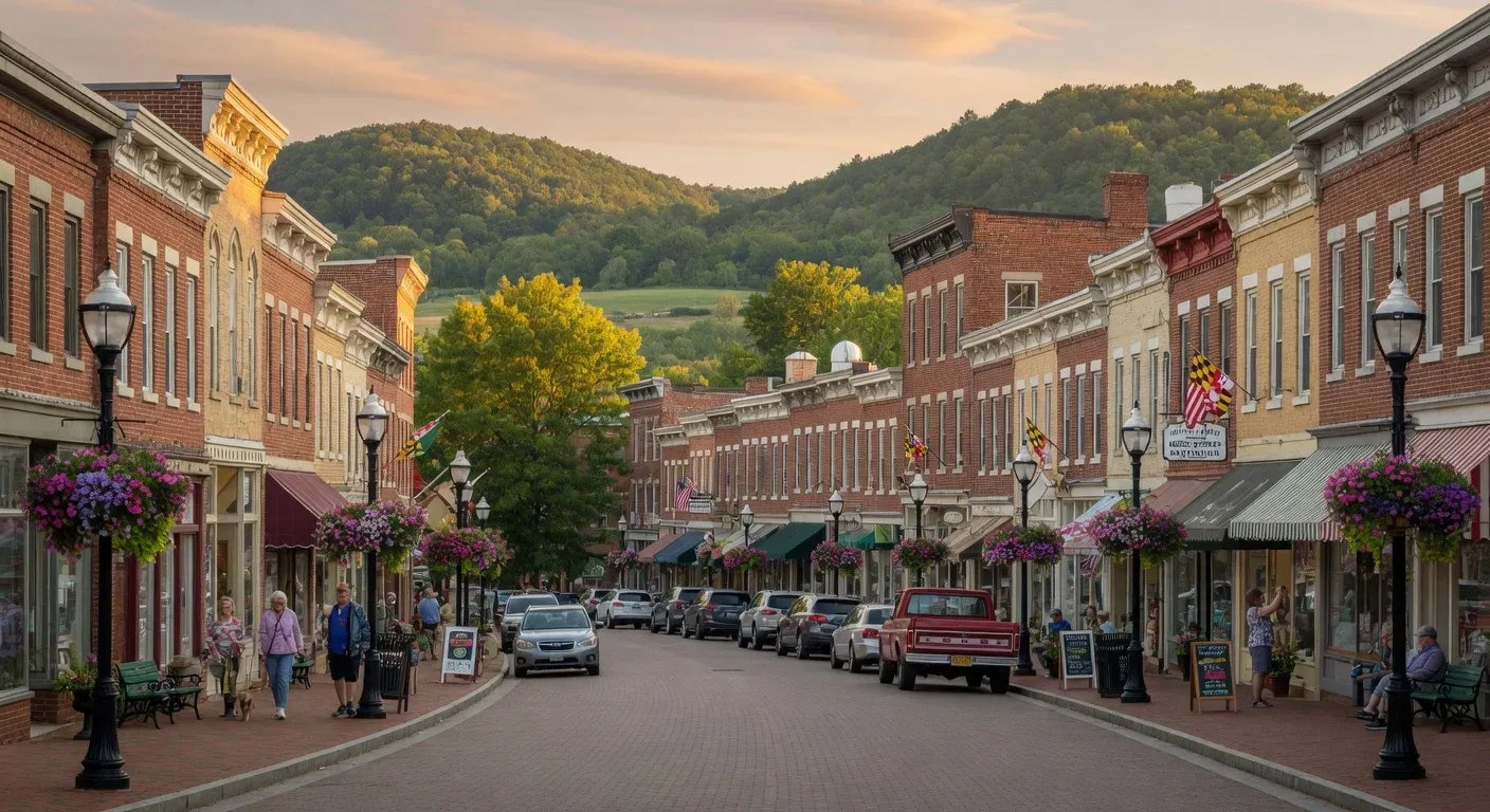 Historic Main Street in Mount Airy, MD with brick storefronts and Piedmont hills