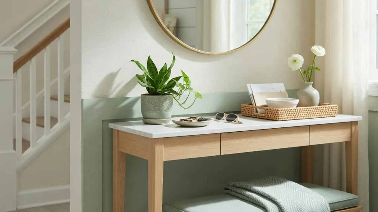 A warm, tidy entryway of a clean home with a plant and folded blanket