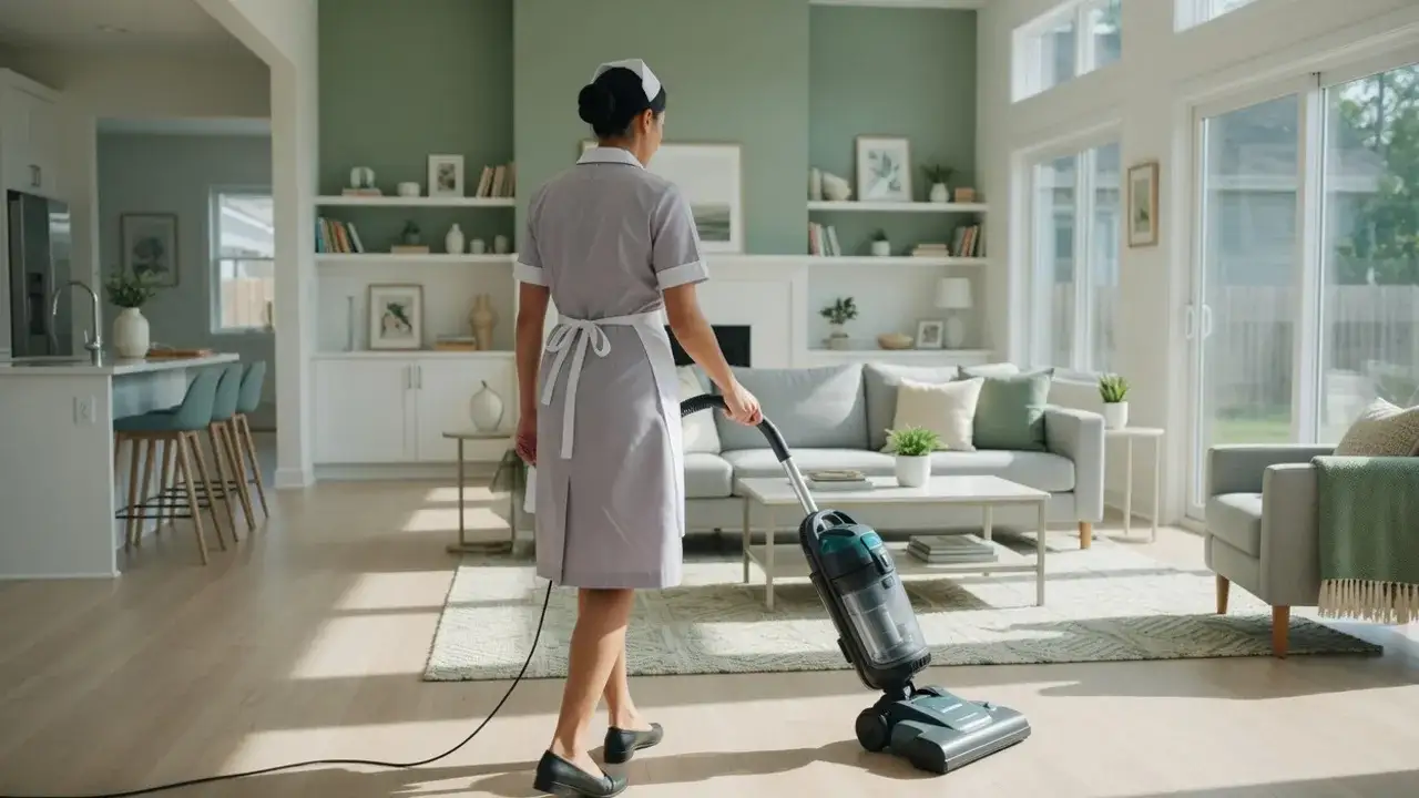 A housekeeper vacuuming a bright open-plan living room with a professional vacuum during a deep clean
