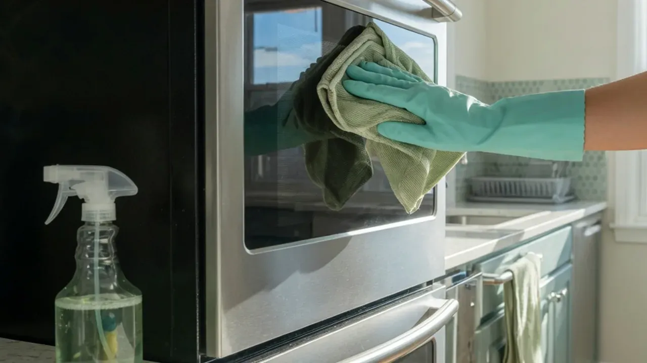 Gloved hands wiping a stainless steel oven to a shine during a deep cleaning in a bright Montgomery County kitchen
