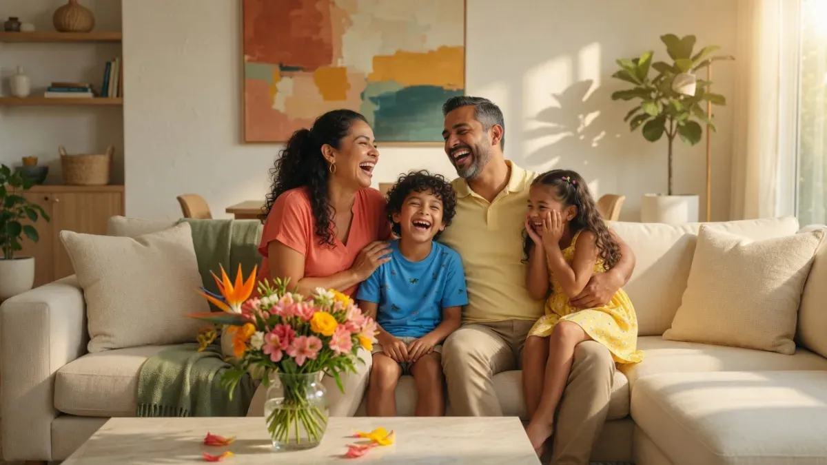 Familia latina feliz en su casa impecable — Capital Clean Care sirve a la comunidad hispana del área DMV