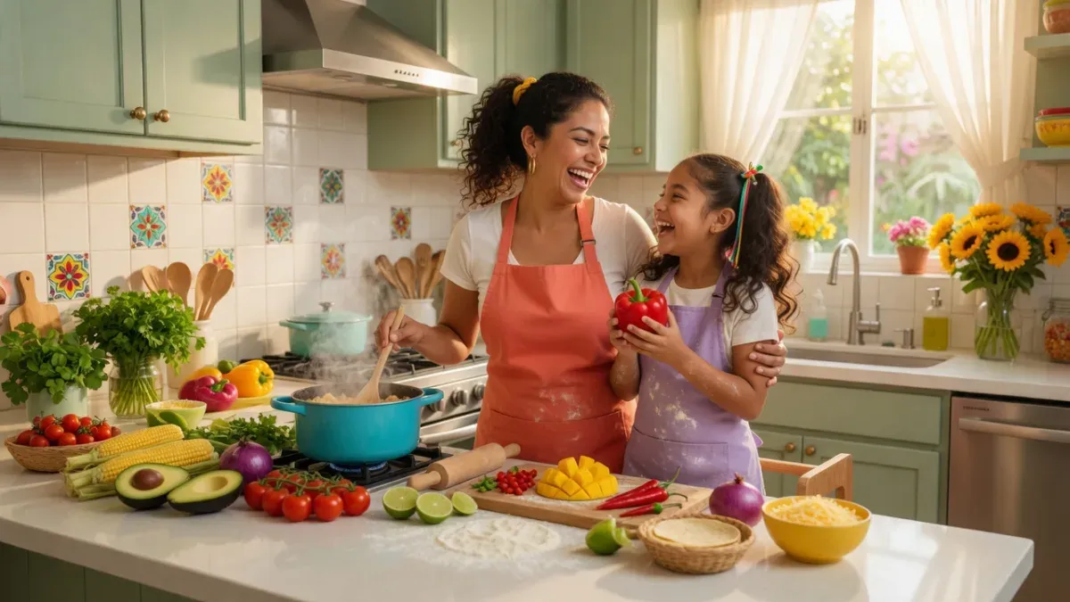 Madre e hija latinas cocinando en una cocina impecable