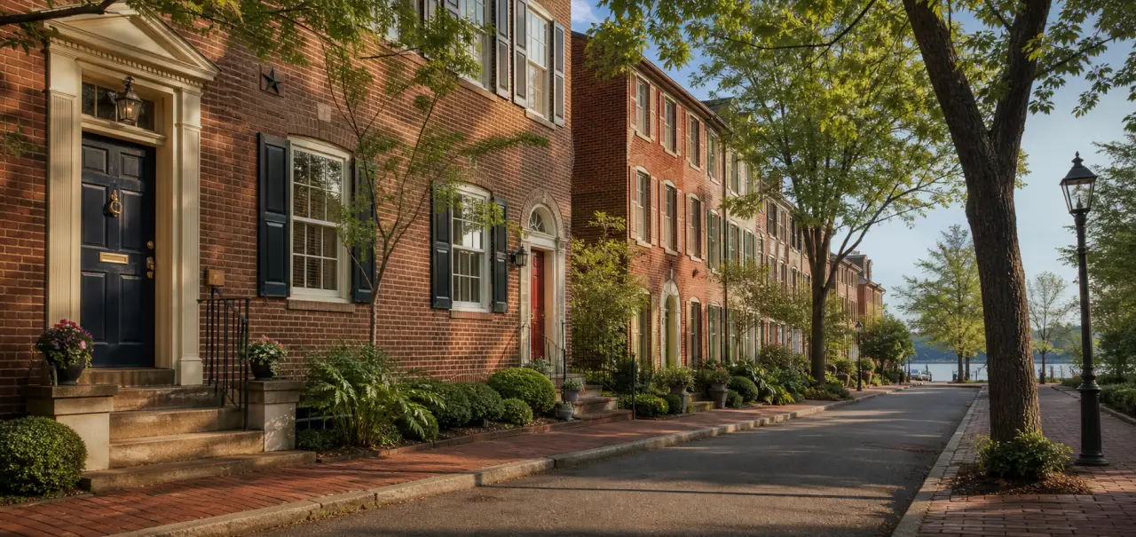 Federal-style brick rowhouses on a tree-lined street in Old Town Alexandria, Virginia