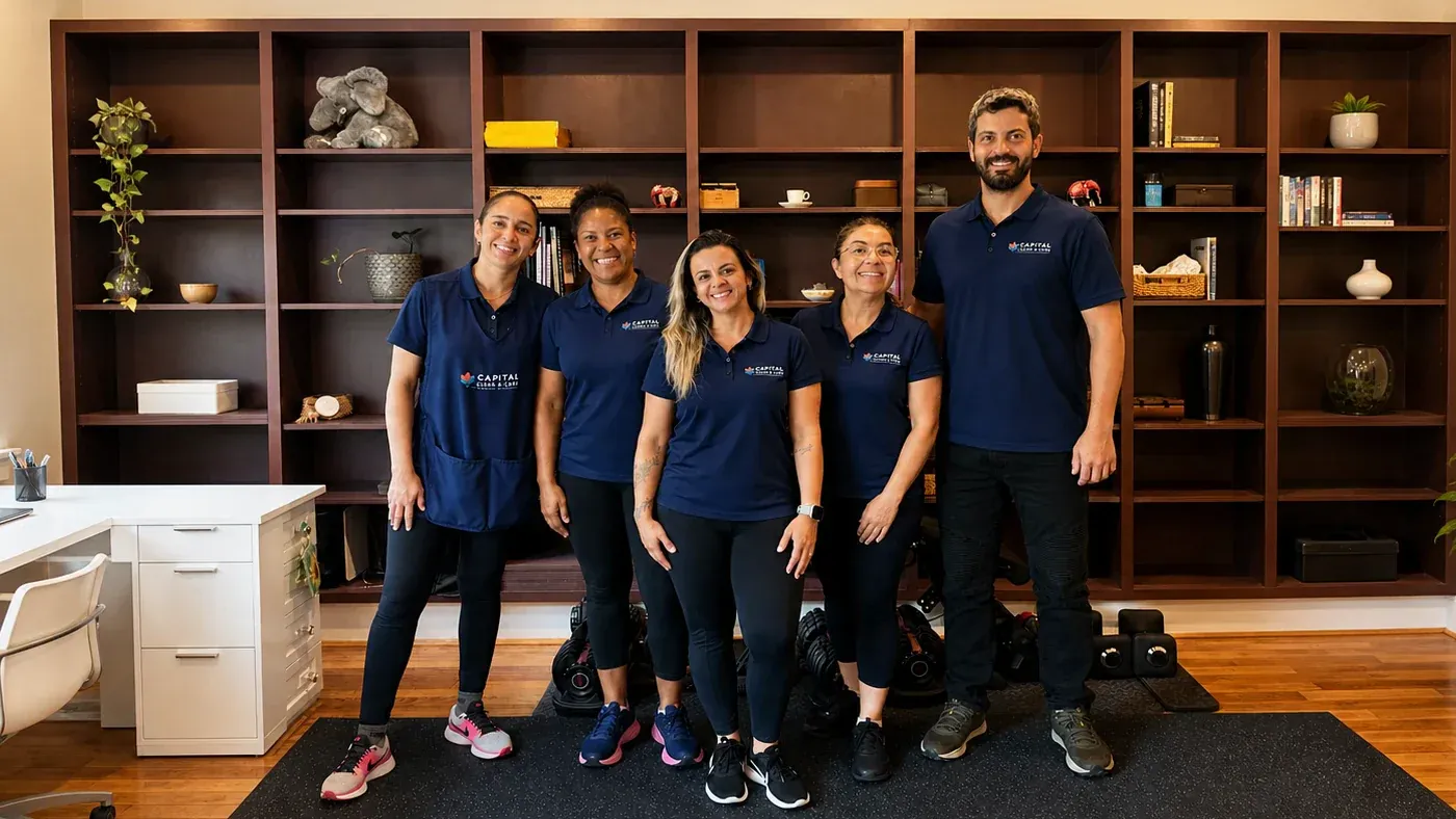 Five members of the Capital Clean Care professional cleaning team in company uniforms