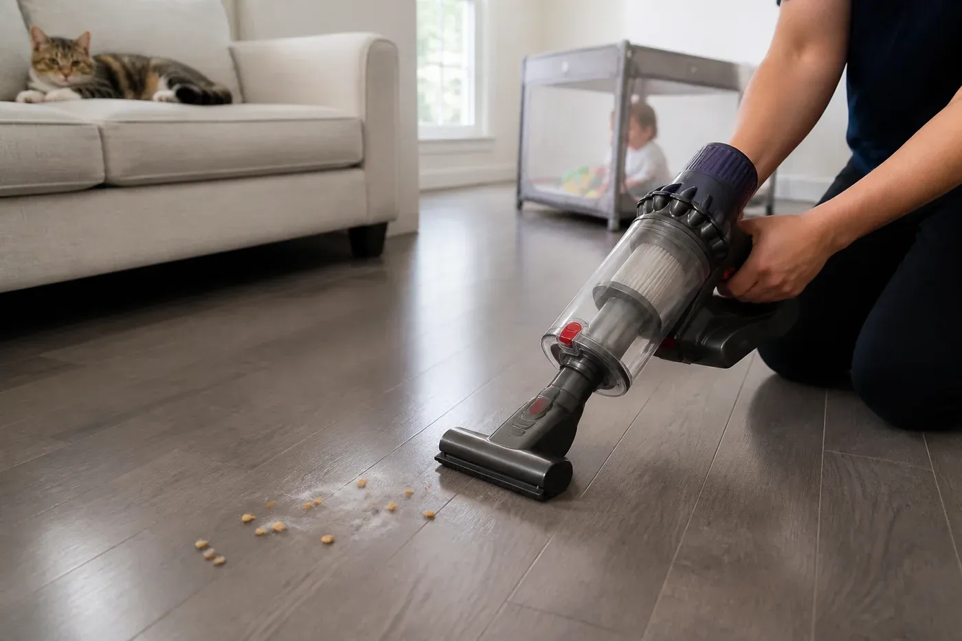 A cordless vacuum lifting scattered crumbs from a hardwood floor beside a play area, with a cat resting on the sofa and a baby in a playpen in the background