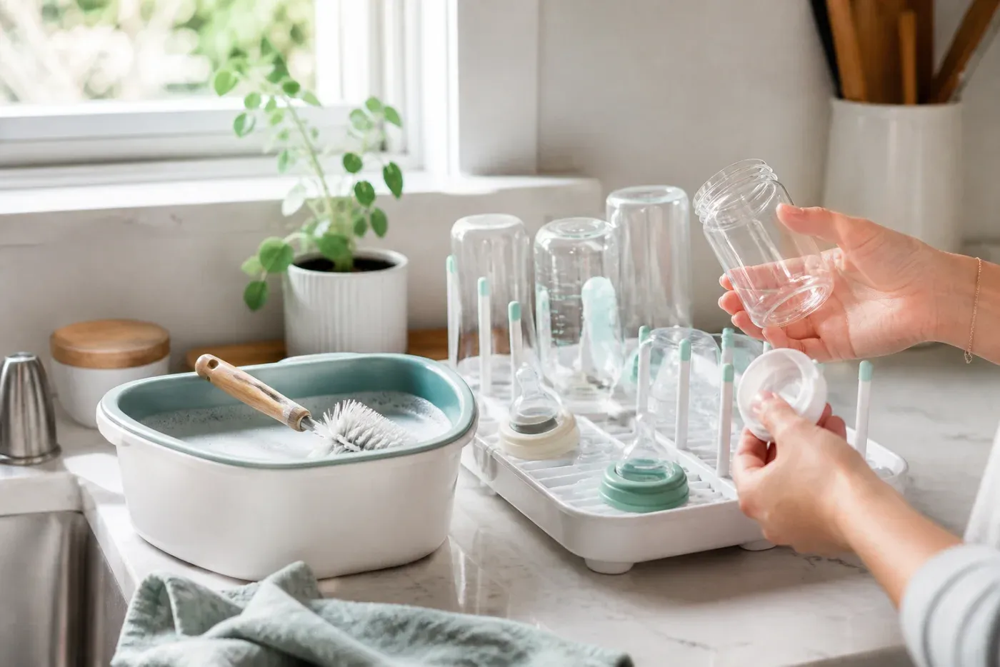 Clean baby bottles and feeding parts air-drying beside a dedicated wash basin in a family kitchen