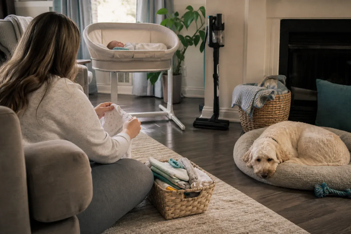 New parent folding baby laundry in a tidy living room while a dog rests away from the newborn bassinet
