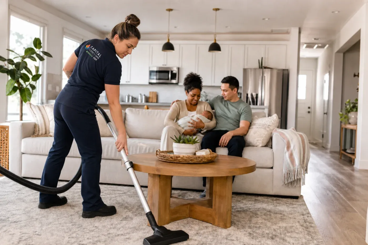 Capital Clean and Care employee in the official navy uniform vacuuming while new parents care for their newborn