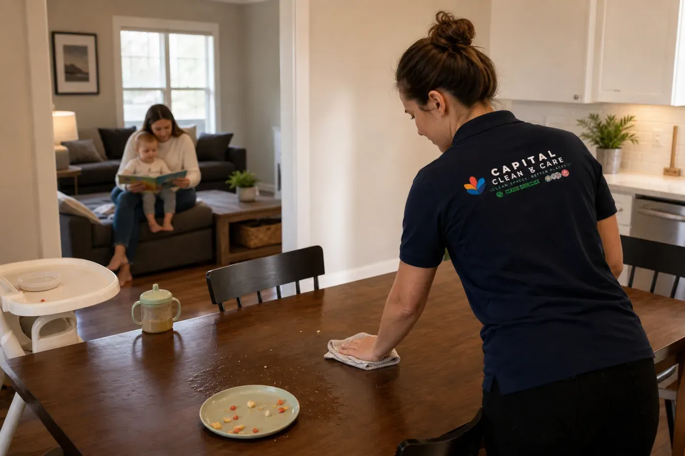 Capital Clean Care team member cleans a toddler's mealtime area while parent and child read together