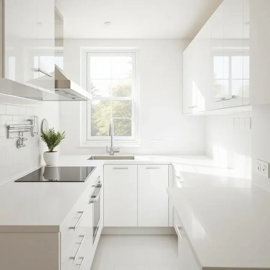 A bright, freshly cleaned modern kitchen with a spotless stovetop and counters