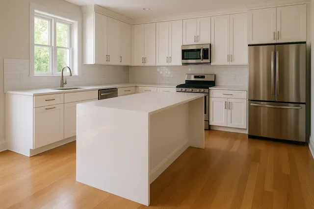 Renovated kitchen after the final post-construction clean, cabinets and counters free of dust