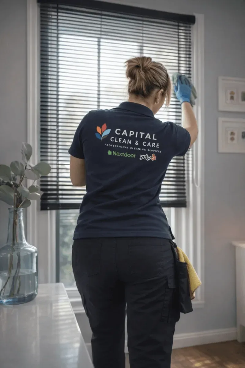 Capital Clean Care team member detailing window blinds during a professional house cleaning visit