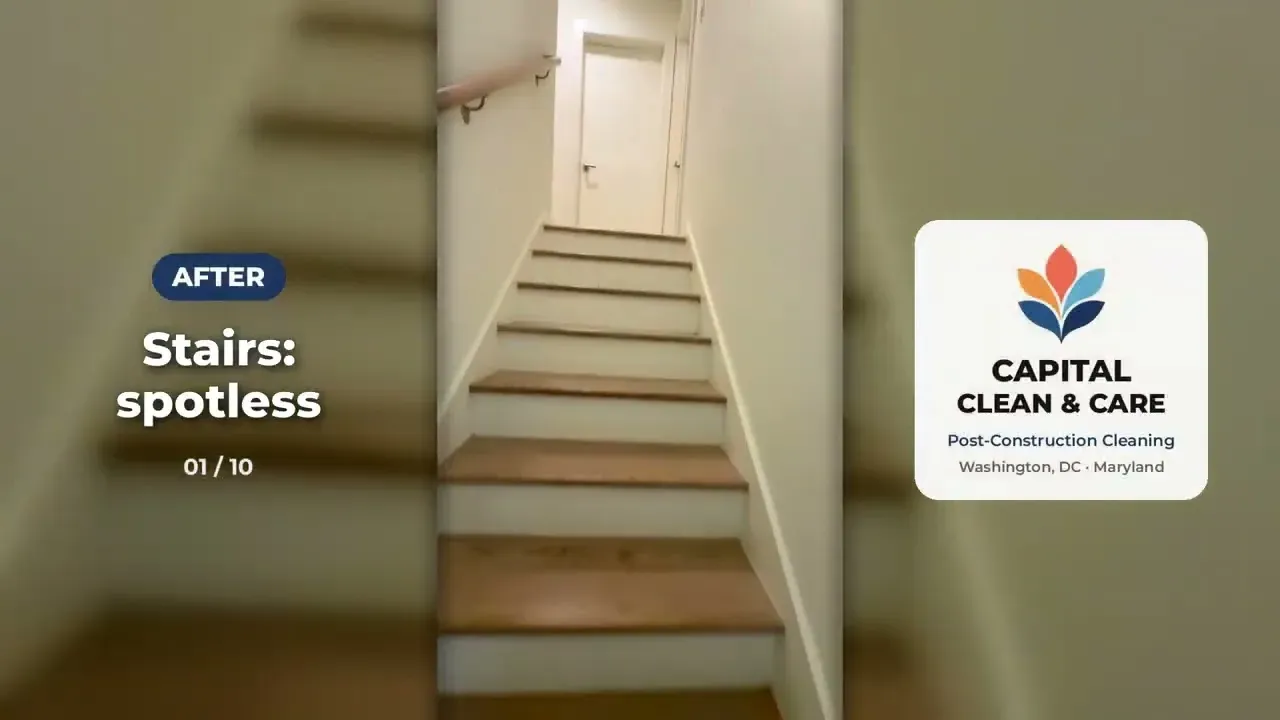 Before and after of the post-construction clean in the Washington, DC townhouse: the stairs, spotless